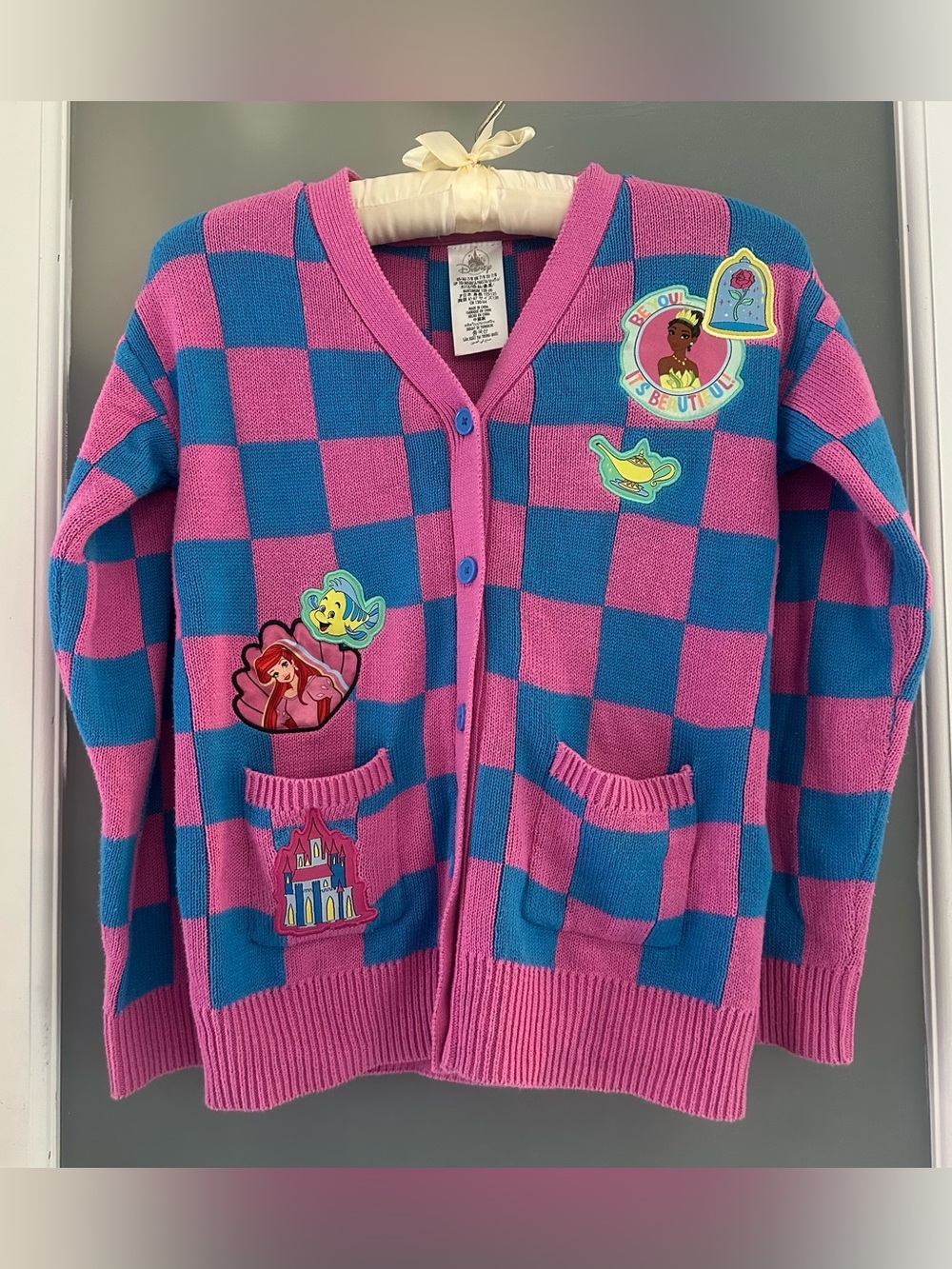 Disney Pink & Blue Checkered Cardigan with princess patches